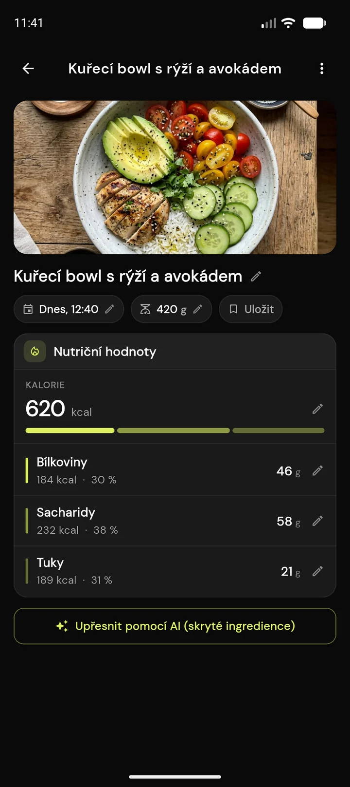 FitProgress obrazovka analýzy jídla