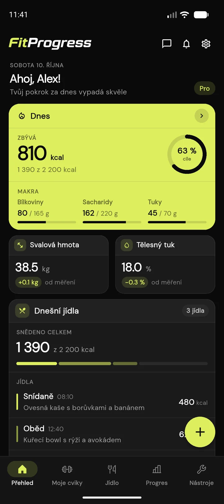 Aplikace FitProgress - denní přehled