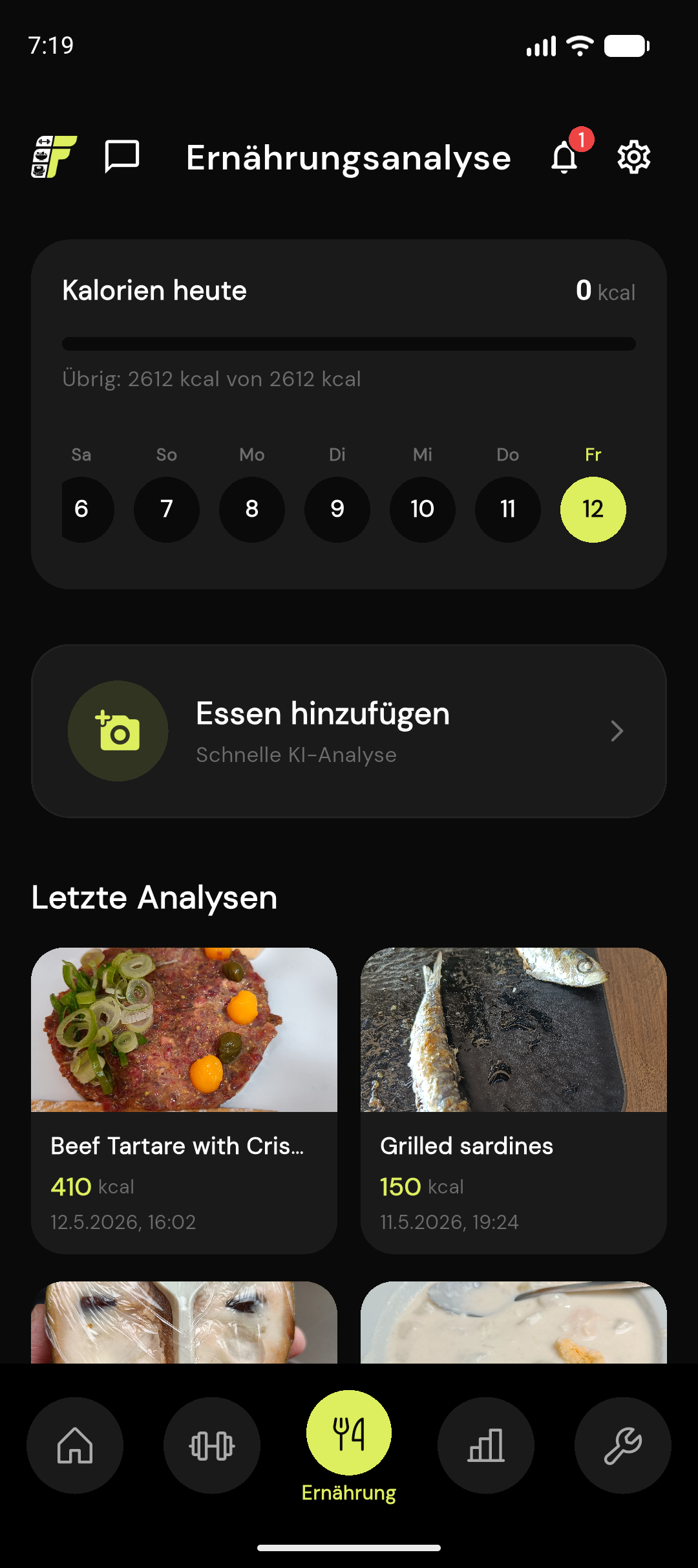 FitProgress Mahlzeitenanalyse-Ansicht