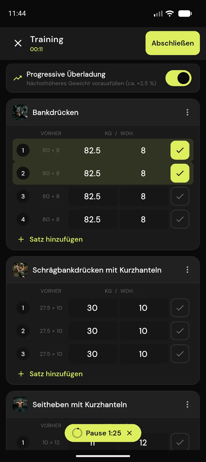 FitProgress schnelles Satz-Logging