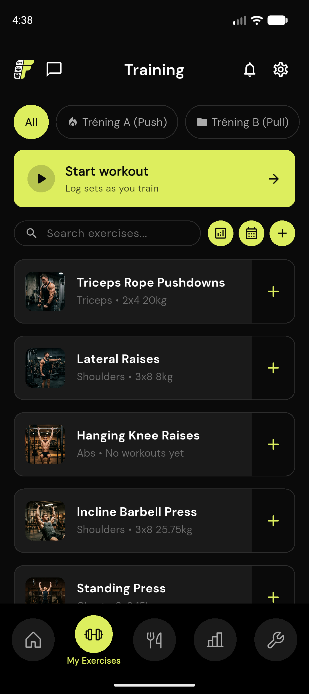FitProgress app — training screen