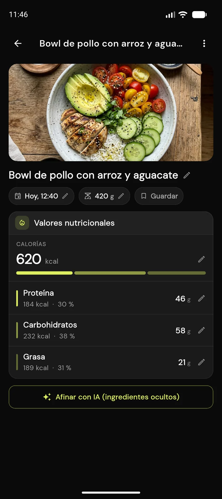 Pantalla de análisis de comidas de FitProgress