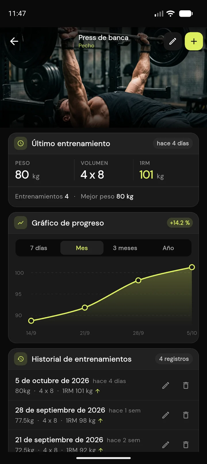 Resumen de entrenamiento en FitProgress