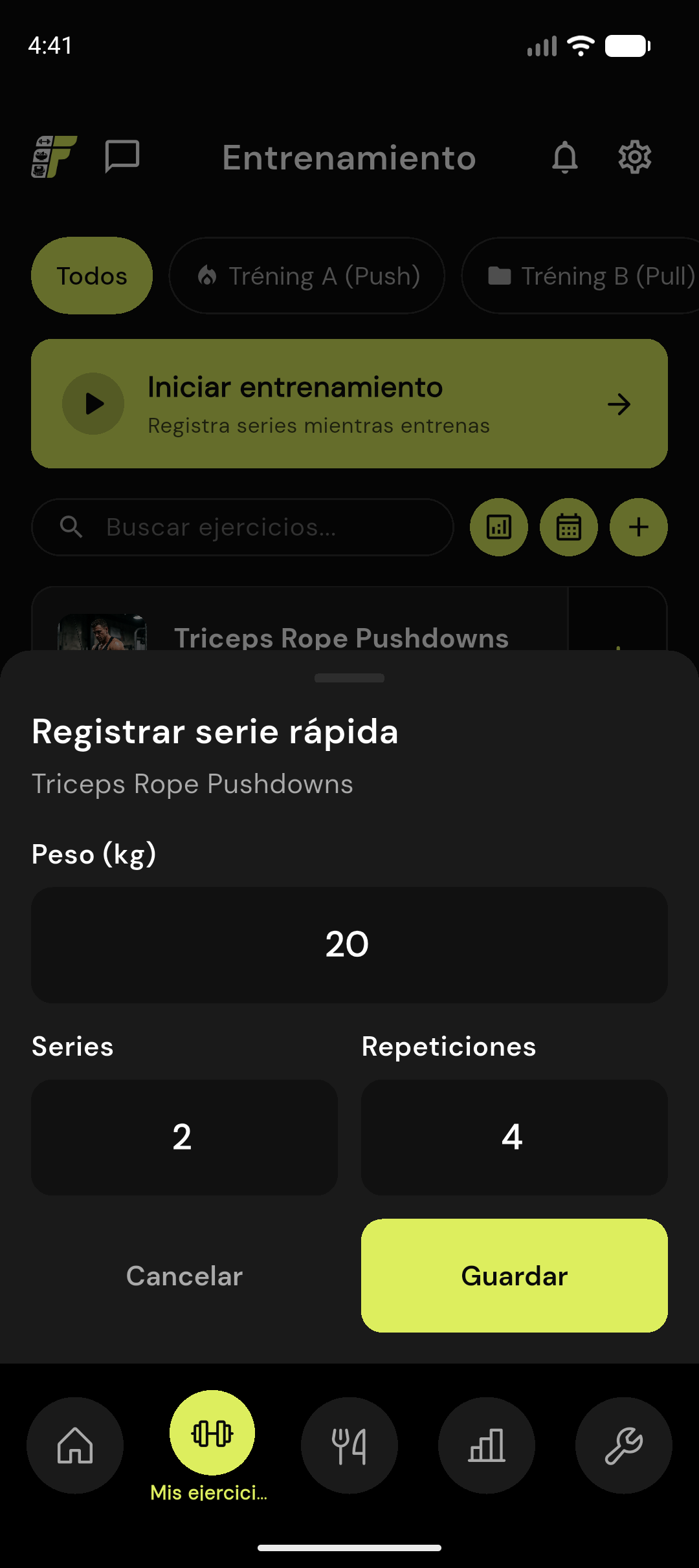 Registro rápido de series en FitProgress