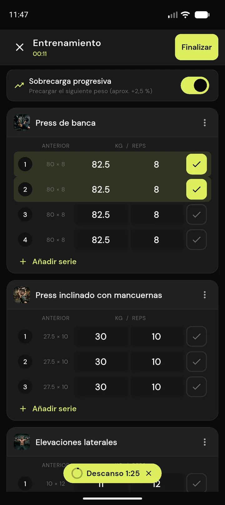 Registro rápido de series en FitProgress