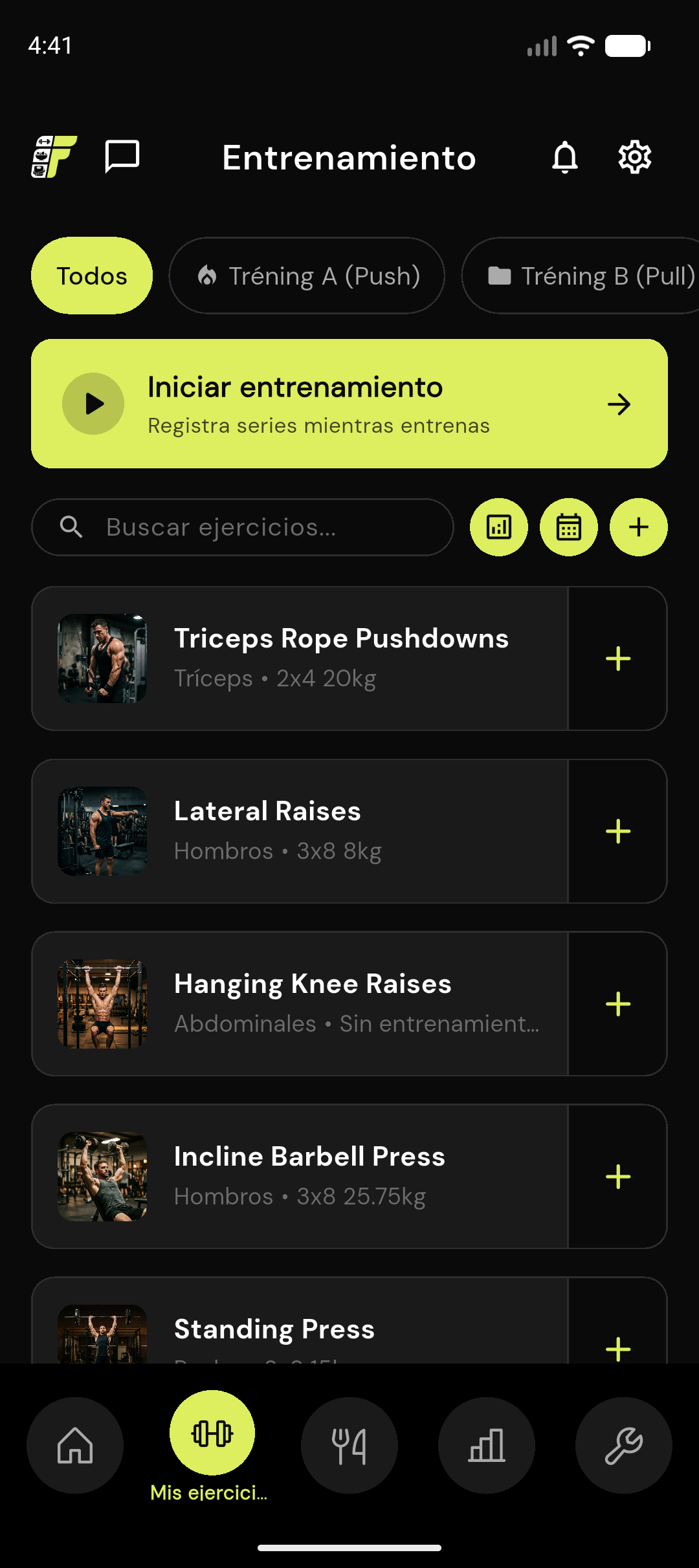 App FitProgress — pantalla de entrenamiento