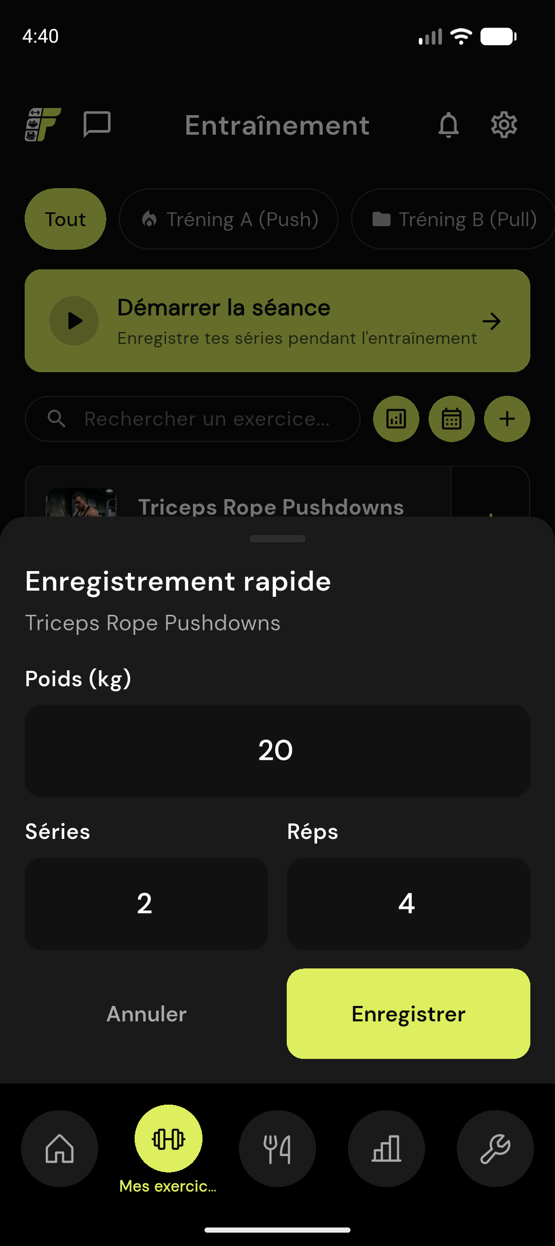 Saisie rapide des séries FitProgress