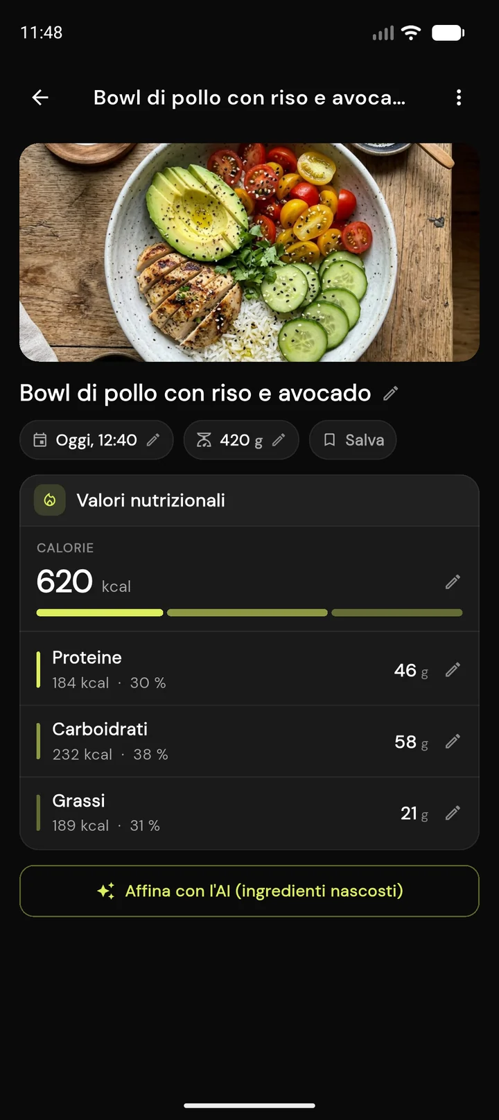 Schermata di analisi pasto FitProgress