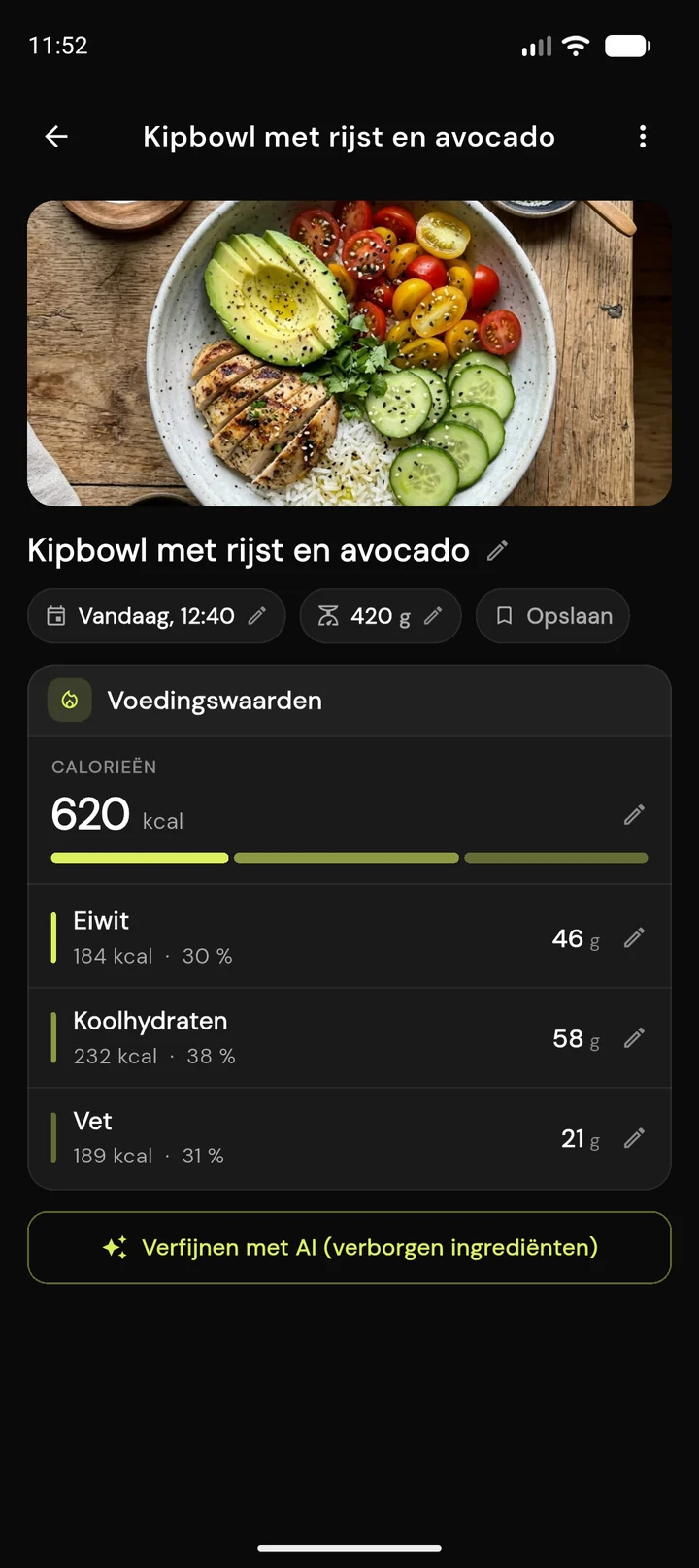 FitProgress maaltijdanalyse-scherm