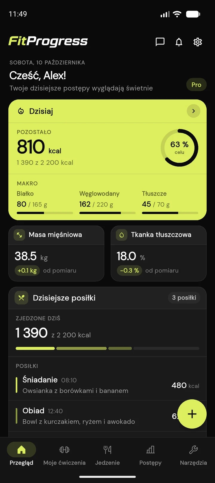 Aplikacja FitProgress - przegląd dnia