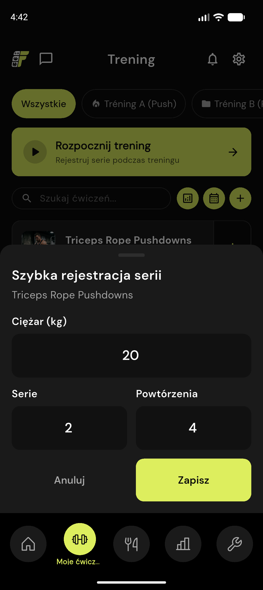 FitProgress — szybkie logowanie serii