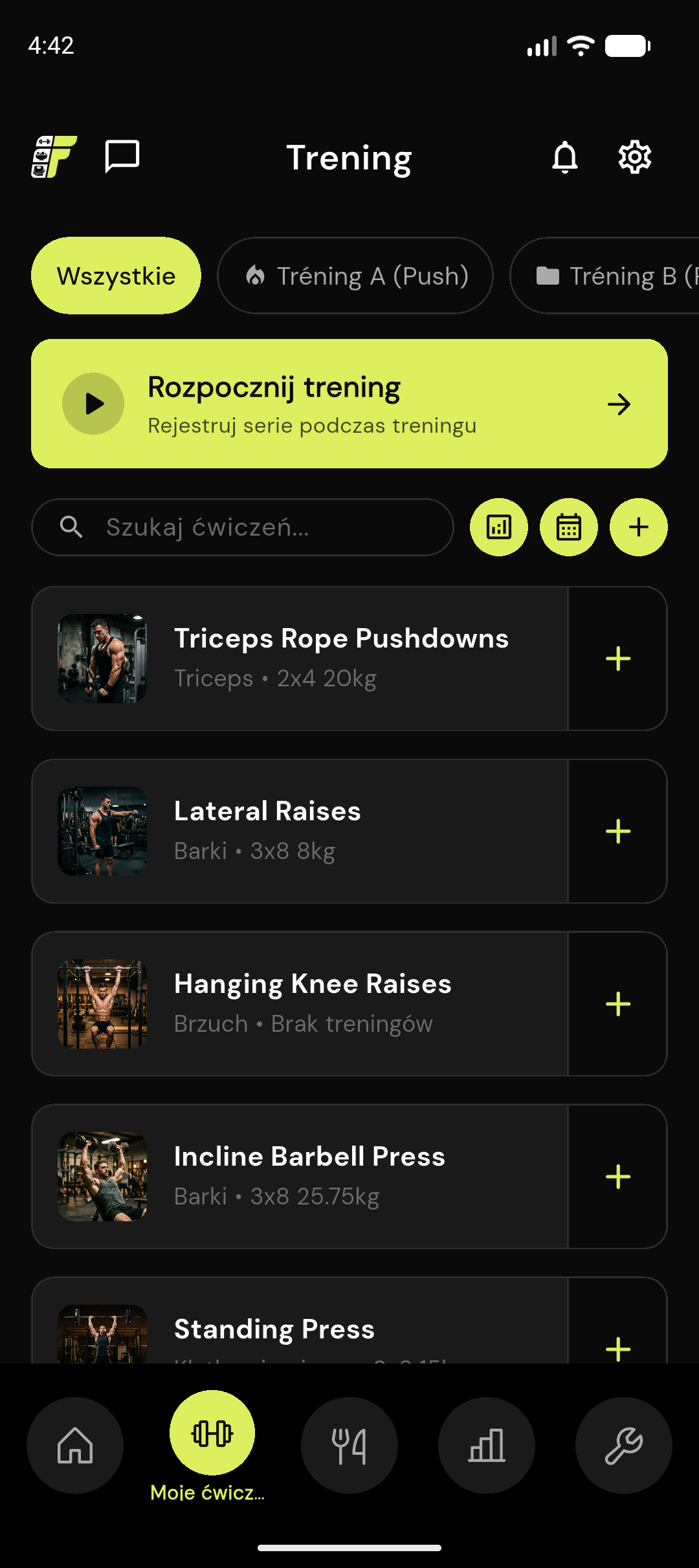 Aplikacja FitProgress — ekran treningu