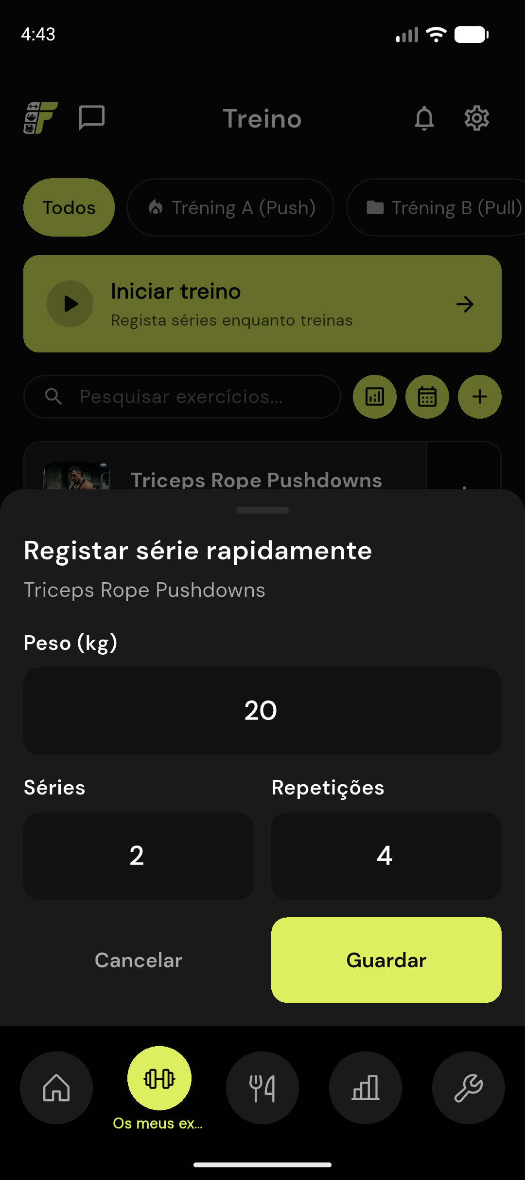 Registo rápido de séries no FitProgress