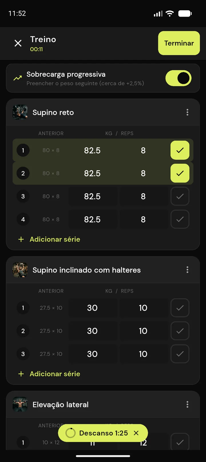 Registo rápido de séries no FitProgress