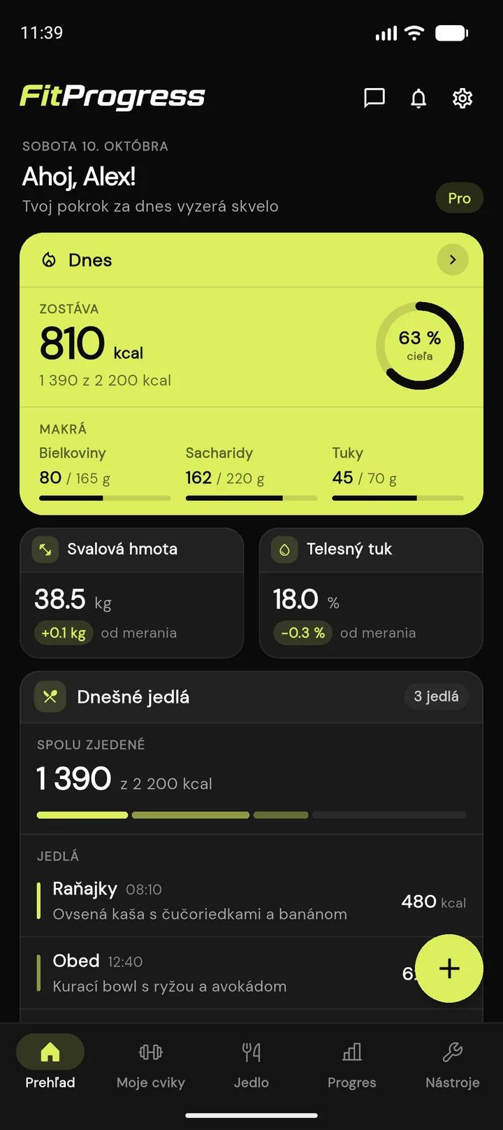 Appka FitProgress - denný prehľad