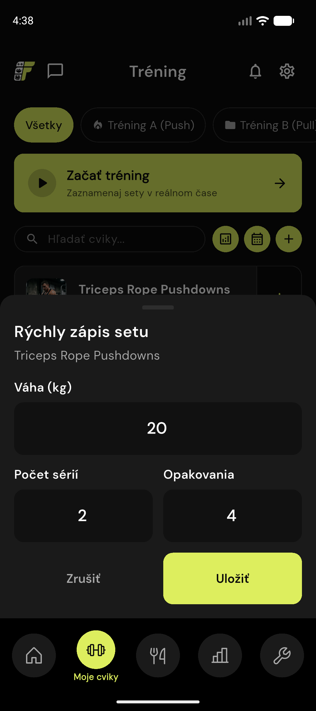 FitProgress rýchle zaznamenávanie sérií